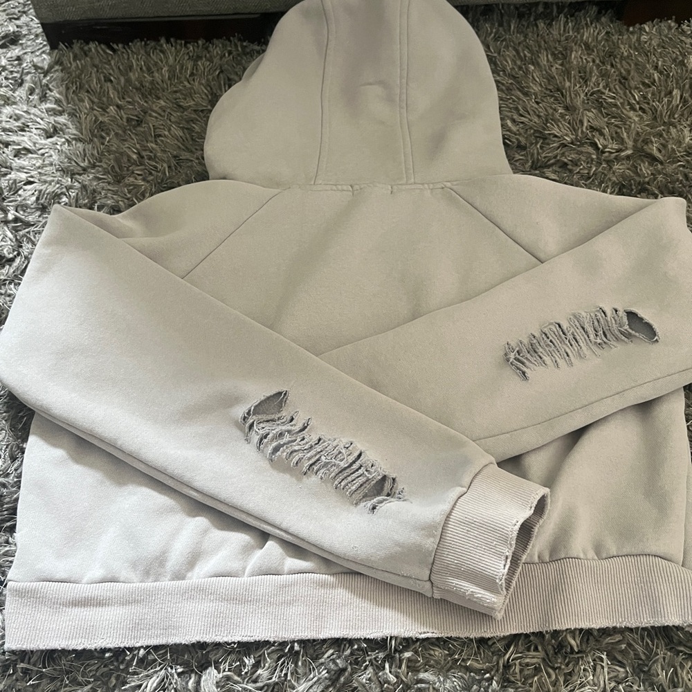 Gray Cropped Distressed Hoodie - Picture 3 of 12